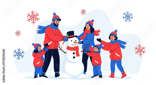 Happy family building a snowman together during winter time celebration outdoors enjoying quality