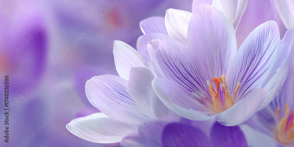 Fototapeta premium Beautiful purple crocus flower closeup with delicate petals and blurred background, natural floral design - AI generated