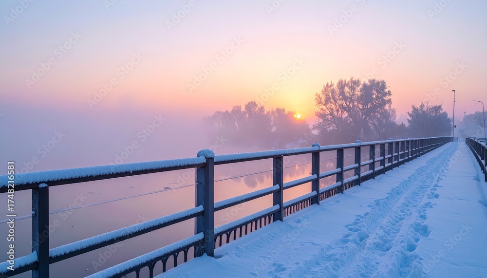 Obraz premium Snowy Bridge at Sunrise.