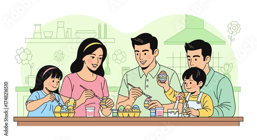 Happy family decorating easter eggs together in the kitchen for springtime holiday celebration