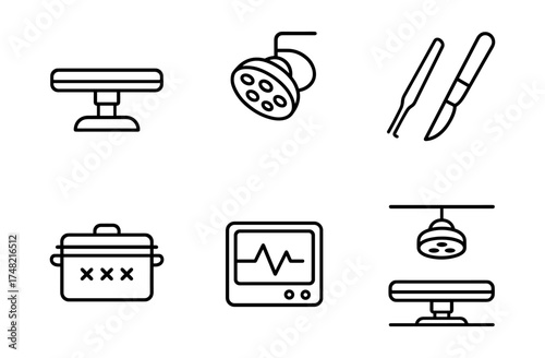 Surgery line icons set: medical table, lights, scalpel, monitor, equipment illustrations