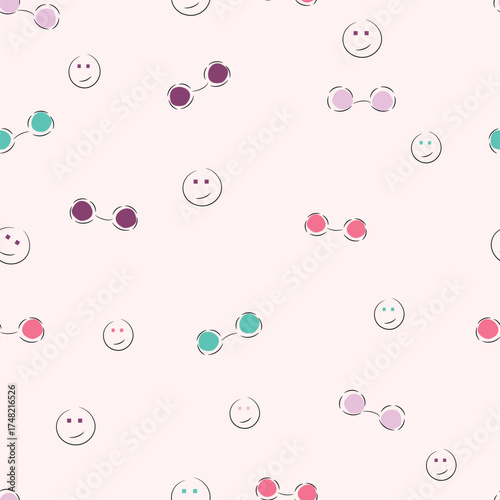 Seamless hand-drawn smiley faces and eyeglass dots pattern on blush background