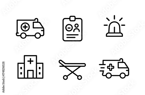 Medical emergency icons featuring ambulance, hospital, and equipment in linear style