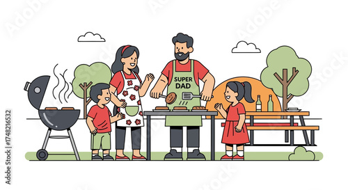 Happy family enjoying a barbecue in the park together cartoon vector illustration scene