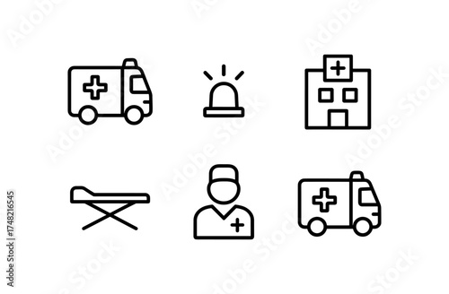 Linear medical symbols: ambulance, hospital, and healthcare icons set