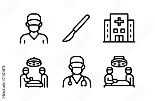 Linear style surgery icons featuring surgeon, scalpel, and hospital elements