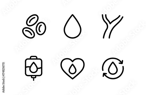 Minimalist blood donation icons featuring heart, blood bag, and vein symbols