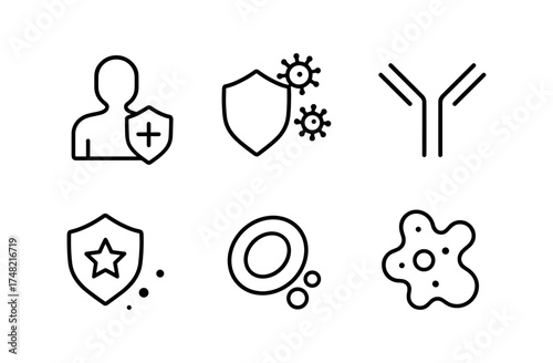 Minimalist icons representing immune system protection and antibody structures