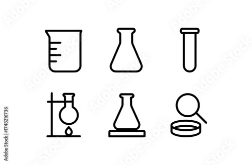 Minimalist science icons: flasks, beaker, test tubes, microscope