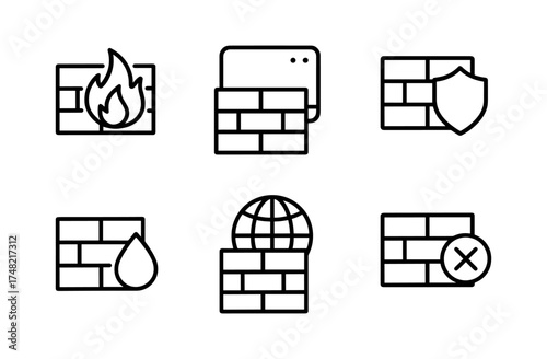 Firewall protection icons: cybersecurity line art set featuring shields, fire, and global security elements