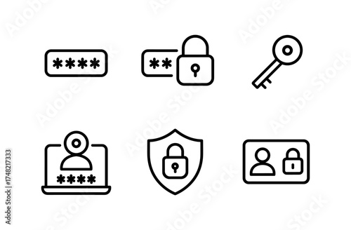 Password security icons: lock, key, shield in minimalist linear style