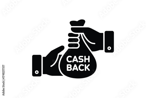 Two hands holding a bag of money labeled cash back icon