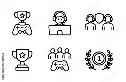 Linear icons of gaming trophies, headsets, and teams