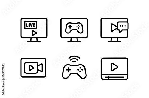 Minimalist icons set for live streaming, gaming, and media interaction concepts
