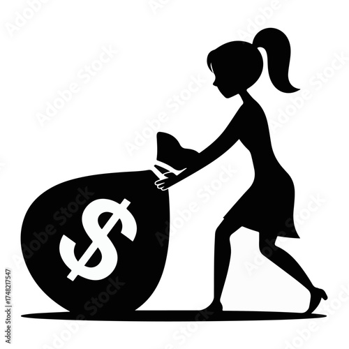 Empowered Woman Rolling Away with a Bag Full of Money Achieving Financial Goals