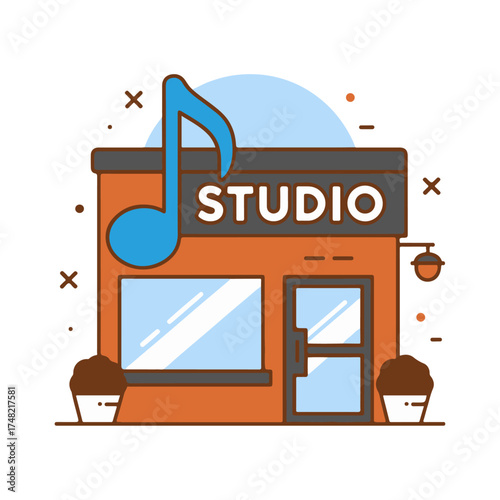 Modern line art illustration of a music recording studio building, featuring a prominent musical note. Symbolizes audio production, sound engineering, and creative arts for entertainment businesses