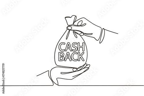 Continuous line drawing of hands holding a money bag with cash back text