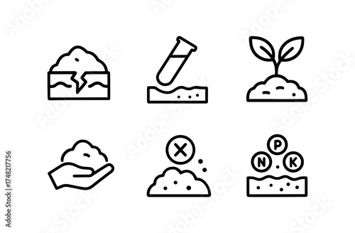 Linear icons of soil testing and fertility with test tube and plant growth