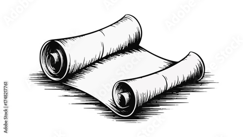 An old, detailed, hand-drawn illustration of an ancient, unrolled scroll lying on a surface, casting a subtle shadow