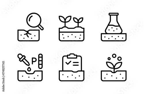 Essential icons for soil analysis and plant growth in agriculture