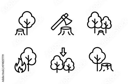 Minimalist icons depicting deforestation and reforestation concepts in line art style