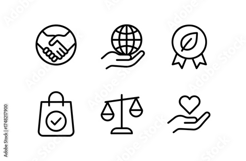 Minimalist icons for sustainability, business ethics, and quality assurance