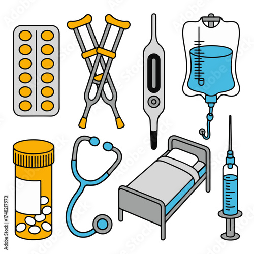 Set of medical equipment and supplies including a pill dispenser, crutches, thermometer, IV drip bag, pill bottle, stethoscope, hospital bed, and syringe, representing healthcare and medical treatment