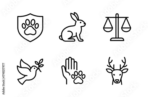 Animal protection icons: minimalistic line art with paw, dove, rabbit, deer, and scales