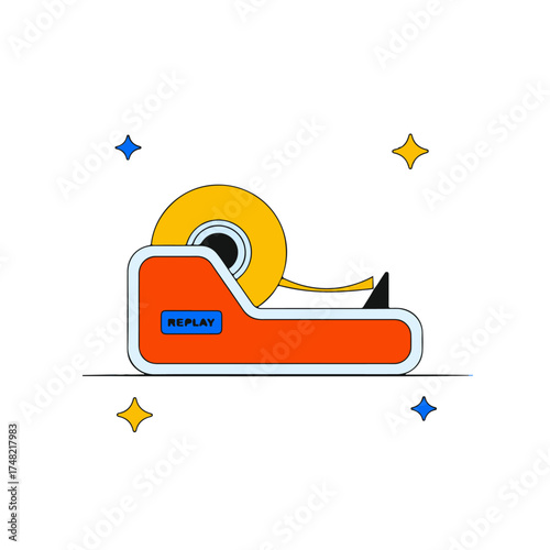 Retro-inspired tape dispenser illustration with shining stars, a playful and functional design element