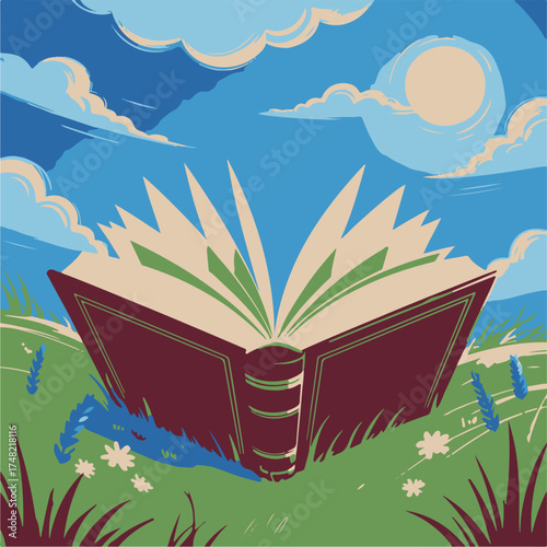 Open book in nature with sky, grass, and sun illustration. Perfect for education, reading, and knowledge themes