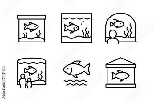 Aquarium icons set: outline fish and tanks in minimalistic design