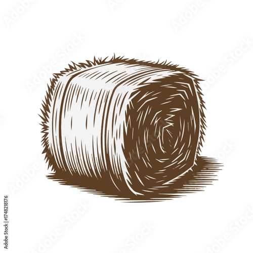 Classic hand-drawn illustration of a single round hay bale in a vintage woodcut style, symbolizing agriculture, harvest, and rustic farm life