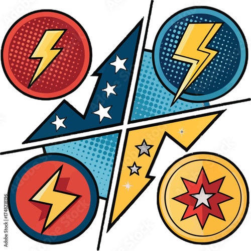 Superhero power symbols: A vibrant array of superhero power symbols come together, representing strength, energy, and heroic potential, creating a visually striking emblem.