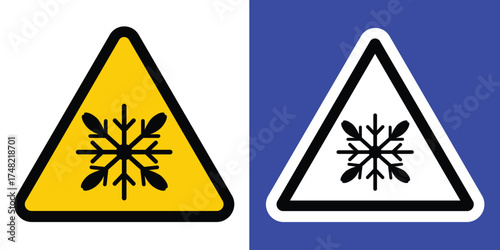 Dual triangular warning signs with snowflake icons, indicating icy or cold conditions. Yellow and white backgrounds with bold borders. Ideal for safety, weather alerts, and road signage.