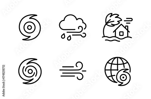 Minimalist weather icons: hurricane, wind, rain, and storm in linear design