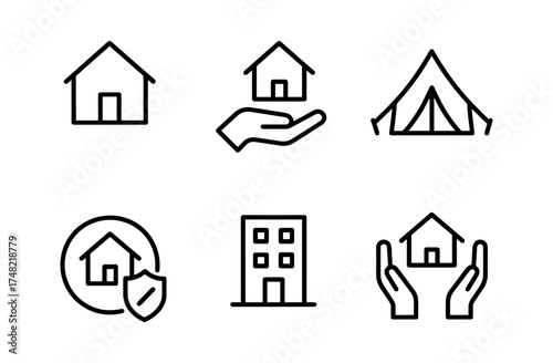 Minimalist housing and shelter icons: home, apartment, tent, security