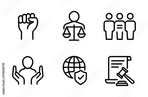 Set of linear justice and human rights icons for legal concepts