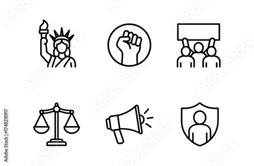 Political protest line art icons: justice, freedom, advocacy, equality, activism