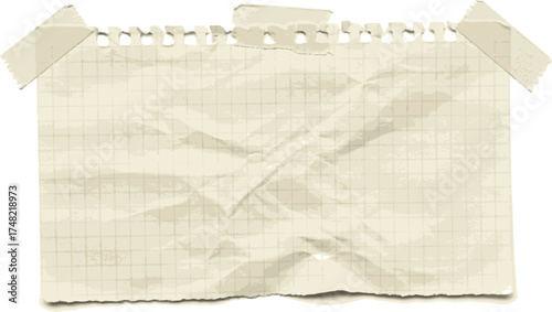 Torn and Wrinkled Graph Paper with Tape on White Background for Note or Scrapbook Design