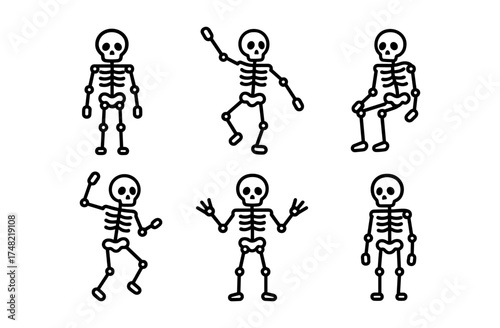 Playful skeleton line art: dancing figures in various poses