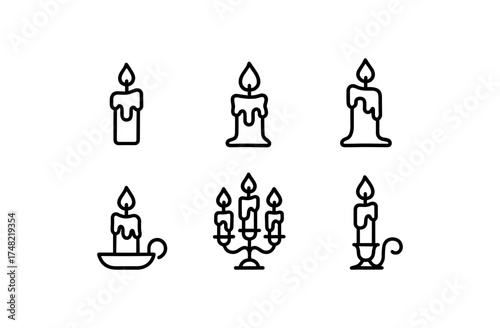 Line style candle icons with wax drips in minimalist design
