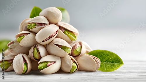 Wallpaper Mural A mound of light-colored pistachio nuts sits atop a clean surface, accompanied by bright green leaves. The fresh and natural feel emphasizes the nuts' crunchy texture and health benefits. Torontodigital.ca