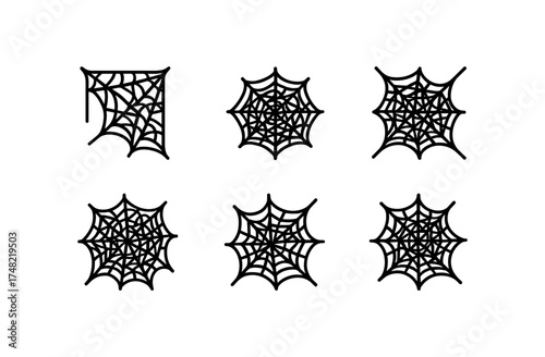 Collection of minimalist spider web designs in black line style