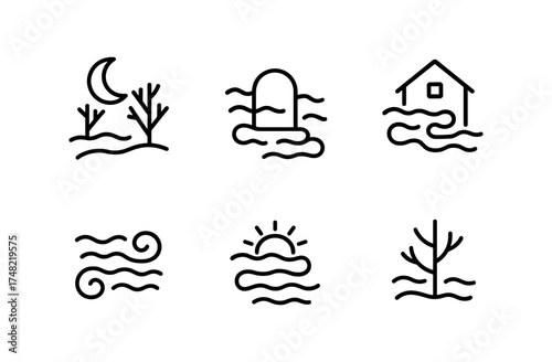 Minimalistic nature icon set: weather and landscape elements in simple line art
