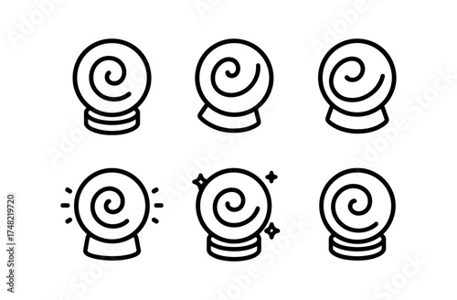 Set of six linear crystal ball icons with spiral patterns