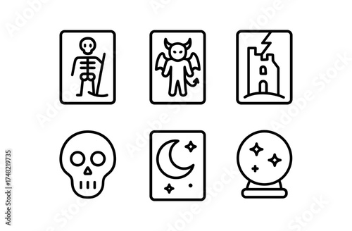 Minimalist halloween line art icons with skeleton, devil, castle, skull, moon, and crystal ball