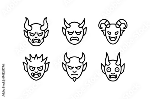 Set of devil faces in linear style for halloween and fantasy themes