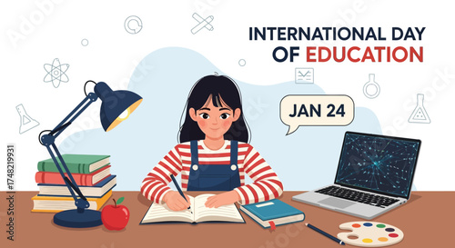 International Day of Education A Student's Study Scene with Books and Laptop, Celebrating Learning and Knowledge, January 24th