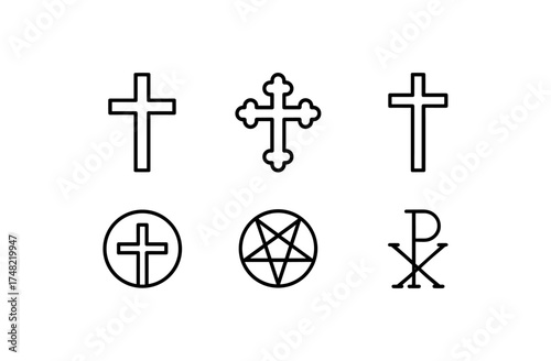 Minimalist religious symbols set featuring crosses and chi rho design