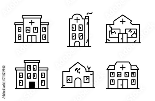 Outline style buildings with cross: pristine and abandoned structures set